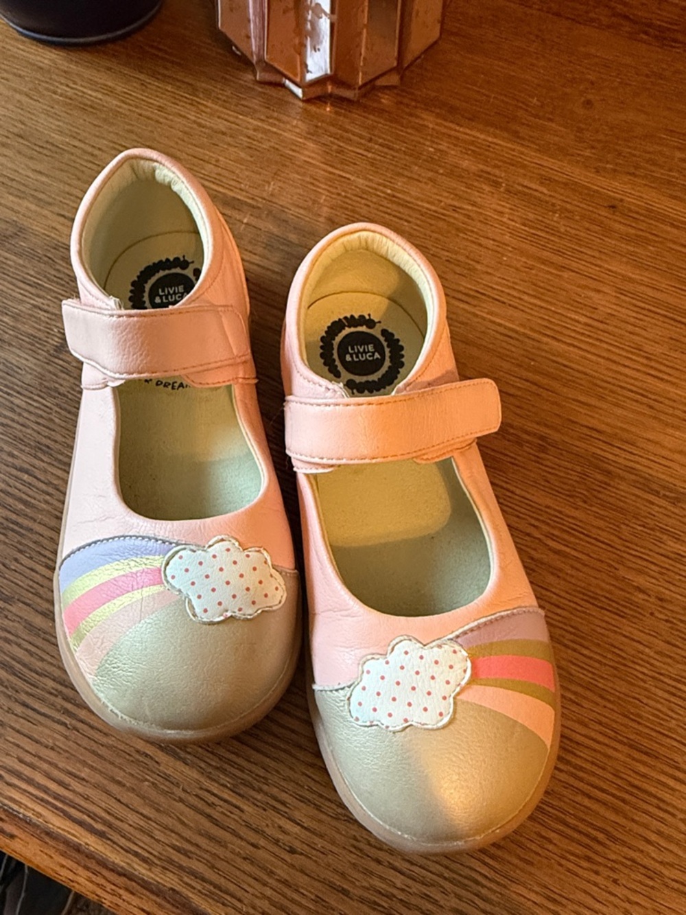 Livie & Luca Pink Mary Janes with Rainbow and Cloud Appliqué